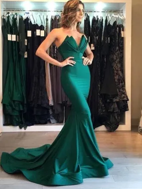 A| Bridelily Mermaid Sleeveless V-Neck Court Train Satin Dresses