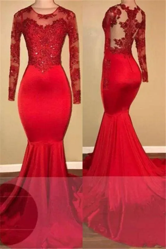 B| Bridelily 2020 Long Sleeve Mermaid Lace Tulle Prom Dresses