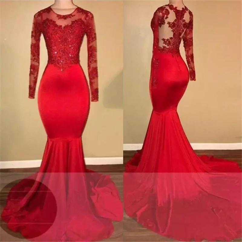 B| Bridelily 2020 Long Sleeve Mermaid Lace Tulle Prom Dresses