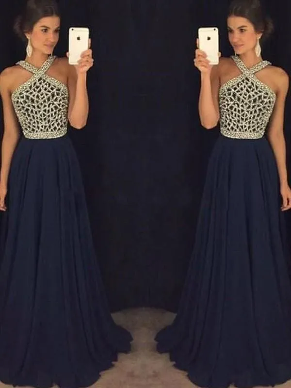 B| Bridelily A-Line Chiffon Halter Sleeveless Floor-Length With Beading Dresses