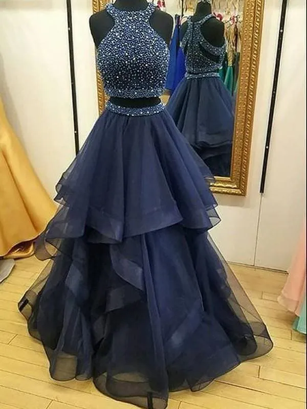 B| Bridelily A-Line Sleeveless Halter Tulle With Beading Floor-Length Two Piece Dresses