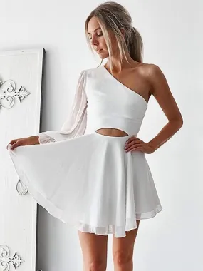 Bridelily A-Line Chiffon One-Shoulder Long Sleeves Ruffles Short/Mini Dresses