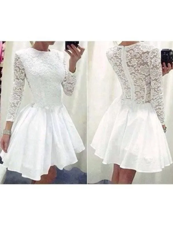 Bridelily A-Line Chiffon Scoop Long Sleeves Short/Mini With Lace Prom Dresses