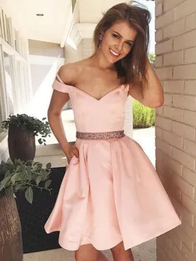 Bridelily A-Line Sleeveless Off-the-Shoulder Satin With Beading Short/Mini Dresses