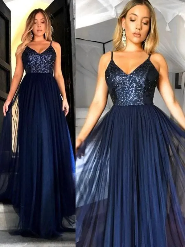 Bridelily A-Line Sleeveless Straps Floor-Length Sequin Tulle Dresses