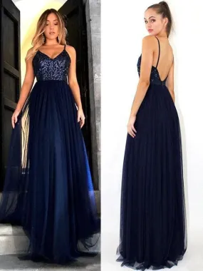 Bridelily A-Line Sleeveless Straps Floor-Length Sequin Tulle Dresses