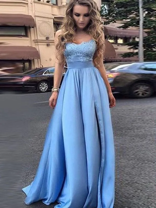 Bridelily Empire Sleeveless Sweetheart Floor-Length Lace Satin Dresses