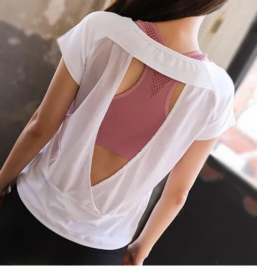 Mesh Sexy Women Sport T Shirt dry Quick Gym T shirt Hollow Out  Running Sleeveless T-shirts fitness Yoga top