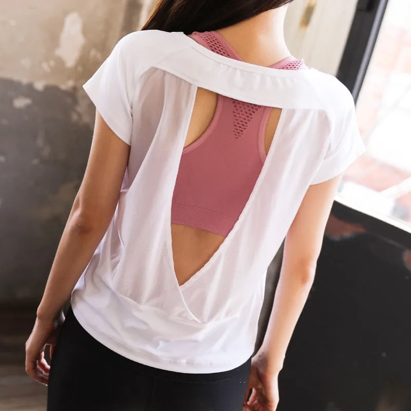 Mesh Sexy Women Sport T Shirt dry Quick Gym T shirt Hollow Out  Running Sleeveless T-shirts fitness Yoga top